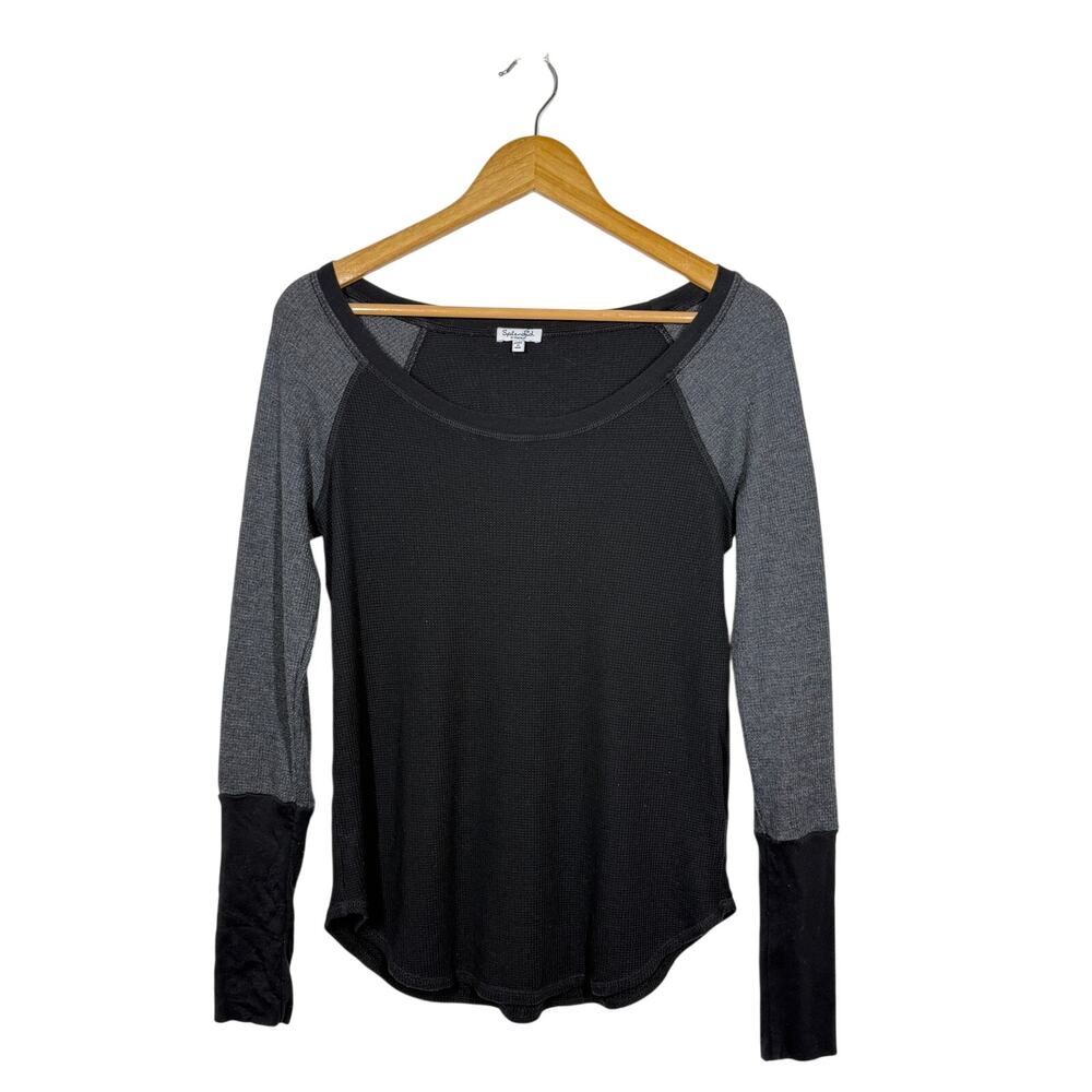 Splendid Waffle Knit Top Women's XS Black Gray Scoop Neck Long Sleeve Stretch